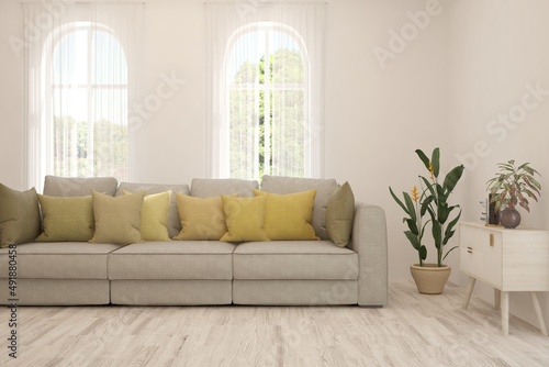 White living room with sofa. Scandinavian interior design. 3D illustration