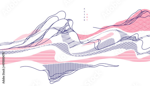 Abstract oriental Japanese art vector background, traditional style design, wavy shapes and mountains terrain landscape, runny like sea lines.
