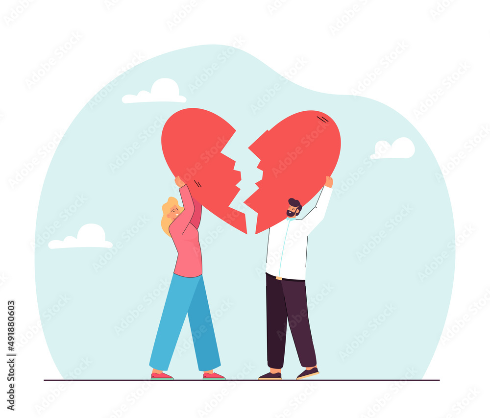 Happy tiny cartoon couple holding two halves of broken heart. Man and woman  fixing heart together flat vector illustration. Relationship, love, breakup  concept for banner or landing web page Stock Vector |