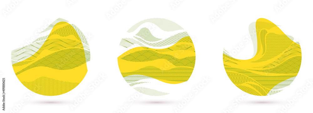 Abstract oriental Japanese art vector backgrounds set in yellow color in shape of circle, traditional style design, wavy shapes and mountains terrain landscape, runny like sea lines. Abstract oriental Japanese art vector backgrounds set in yellow color in shape of circle, traditional style design, wavy shapes and mountains terrain landscape, runny like sea lines.