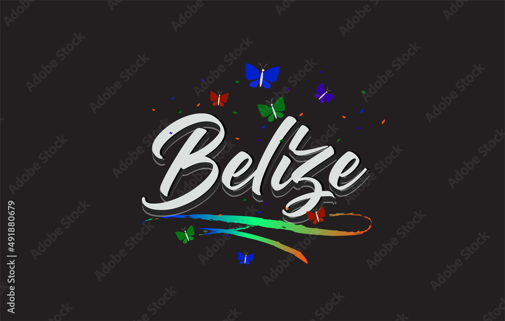 White Belize Handwritten Vector Word Text with Butterflies and Colorful Swoosh.
