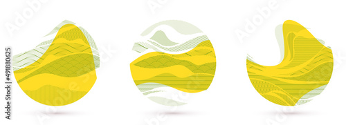 Abstract oriental Japanese art vector backgrounds set in yellow color in shape of circle, traditional style design, wavy shapes and mountains terrain landscape, runny like sea lines.