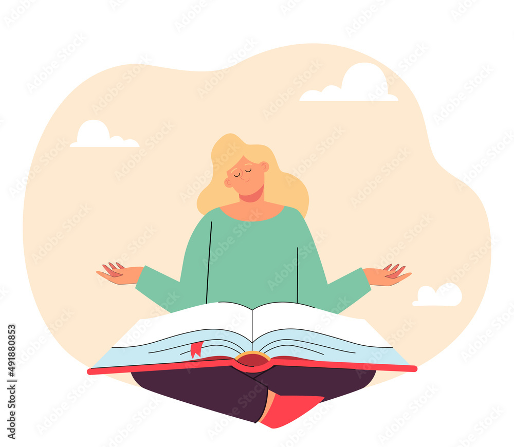 Cartoon girl meditating with big open book on lap. Student, writer or reader with book flat vector illustration. Literature, education, knowledge concept for banner, website design or landing web page Cartoon girl meditating with big open book on lap. Student, writer or reader with book flat vector illustration. Literature, education, knowledge concept for banner, website design or landing web page