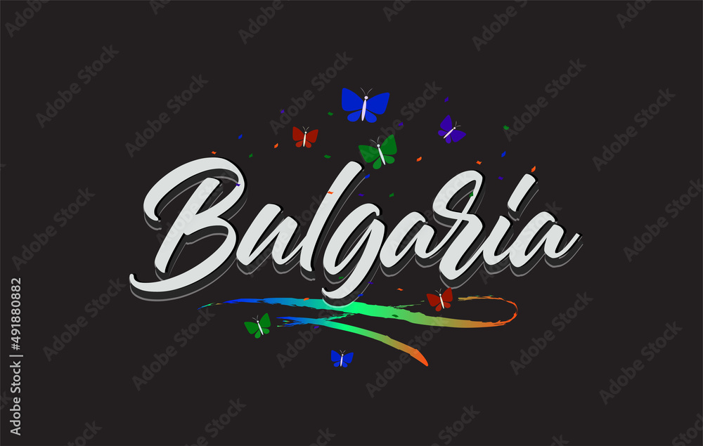 White Bulgaria Handwritten Vector Word Text with Butterflies and Colorful Swoosh.