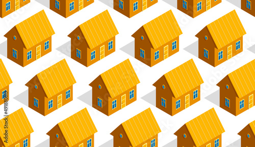 3D isometric wooden houses seamless vector wallpaper, real estate realty theme background image.