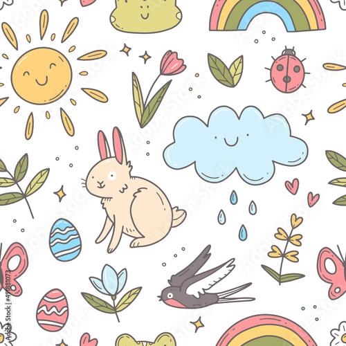 Spring seamless doodle pattern. Easter illustration background.