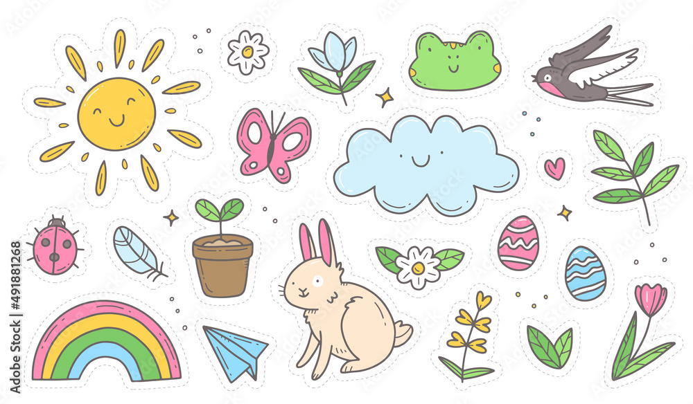 Set of spring doodle stickers. Set of spring cliparts, easter elements. Collection isolated illustration.