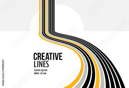 Linear composition vector road to horizon, abstract background with lines in 3D perspective, optical illusion op art, black and yellow colors.