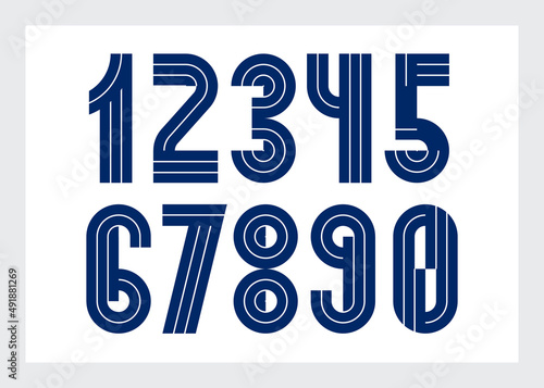 Geometric numbers set, vector digits, retro 90s style trendy numerals made with geometry elements, lined stripy design.