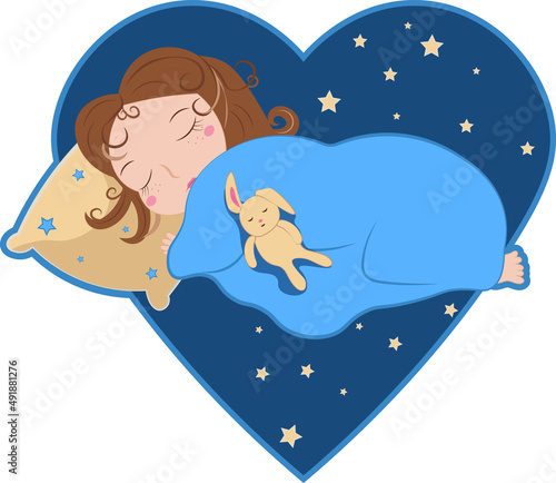 Sleeping child with stars and toy vector illustration. Cute girl sleeping on a heart with stars label stock image