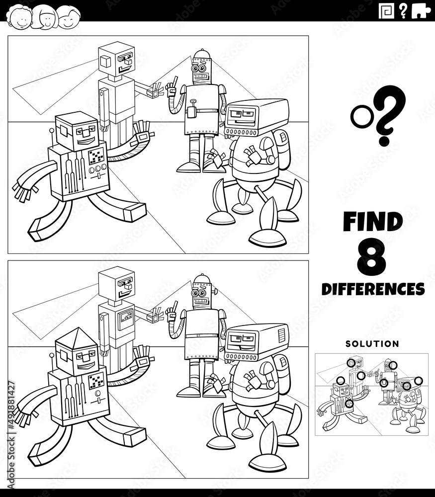 differences educational game with robots coloring book page
