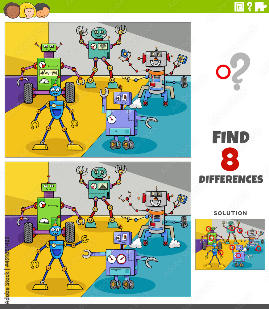 differences educational task with robots fantasy characters Stock ...