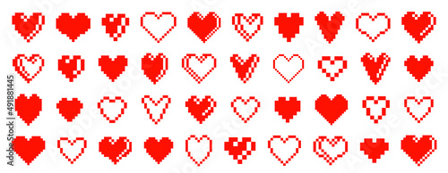 8bit pixel hearts vector logos or icons set, retro game from 90s 8 bit style heart symbols collection, graphic design stylish elements.
