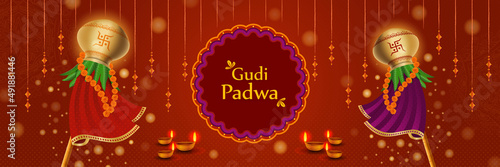 Happy Gudi Padwa Colorful Horizontal Website Header Vector Illustration. Hindu New Year Festival Banner with decoration, mandala, rangoli,  typography, oil lamps, golden pot, marigold,   mango leaves