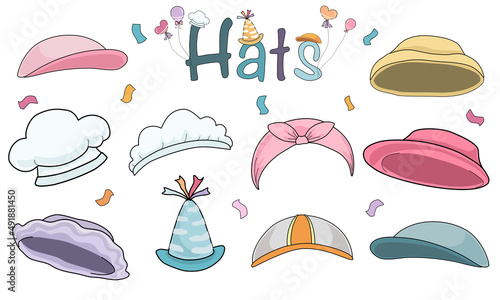 A variety of hat sets designed in simple doodle style for stickers, decorations, patterns, digital prints, fabric patterns, cards, art for kids and more.