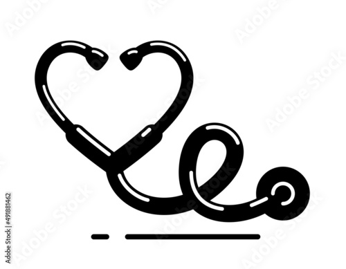 Heart shaped stethoscope vector simple icon isolated over white background, cardiology theme illustration or logo.