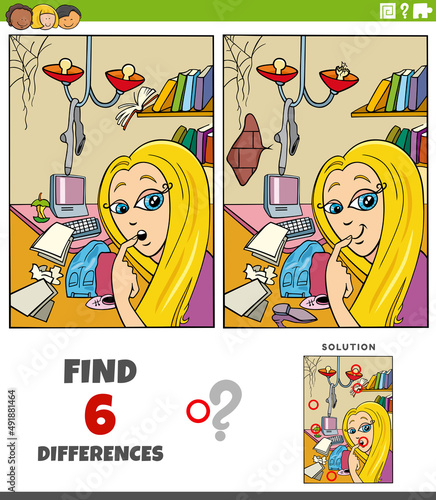 differences task with cartoon girl and mess in her room