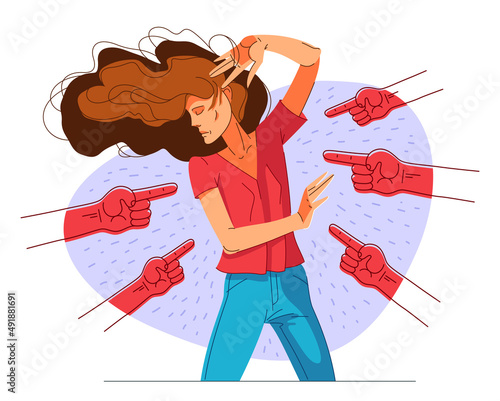 Young girl in problem and pointing finger hands vector illustration concept of bullying and shaming, mockery and discrimination theme.
