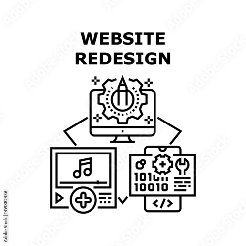 Website Redesign Vector Icon Concept. Website Redesign Creative Occupation, Adding Video Clip And Create Graphic Website. Programmer And Designer Professional Occupation Black Illustration