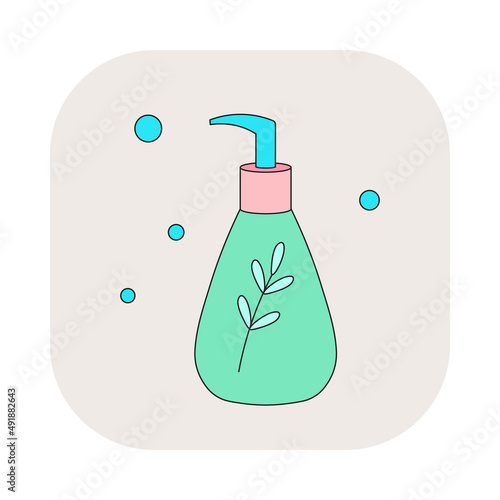 Face wash cleanser bootle icon. Cute cartoon vector graphic. Fancy doodle asian style illustration of Korean beauty cosmetic product stuff sign.
