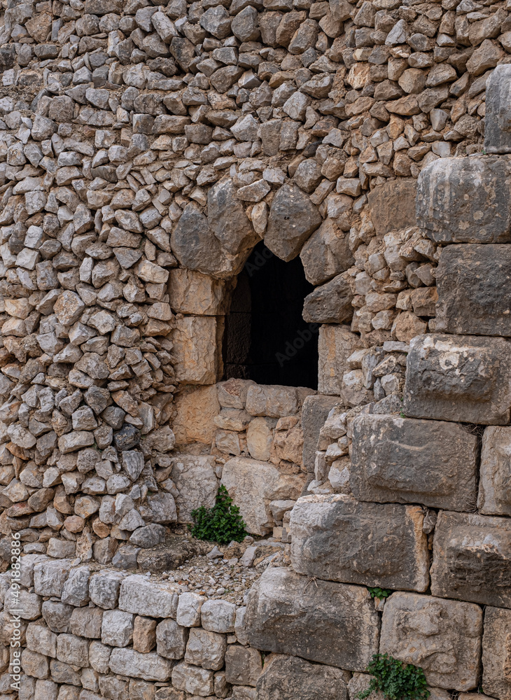 Detailed view of the Southwestern Tower wall of Nimrod fortress (castle), located in Northern Golan, at the southern slope of Mount Hermon, the biggest Crusader-era castle in Israel