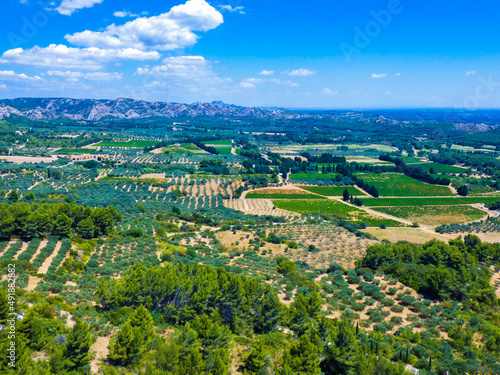Magnificent landscape with a view of the fields  nature and the Alpilles from the heights of Baux de Provence in Provence in France 
