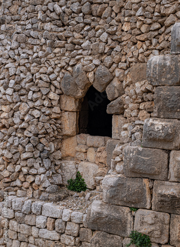 Detailed view of the Southwestern Tower wall of Nimrod fortress (castle), located in Northern Golan, at the southern slope of Mount Hermon, the biggest Crusader-era castle in Israel