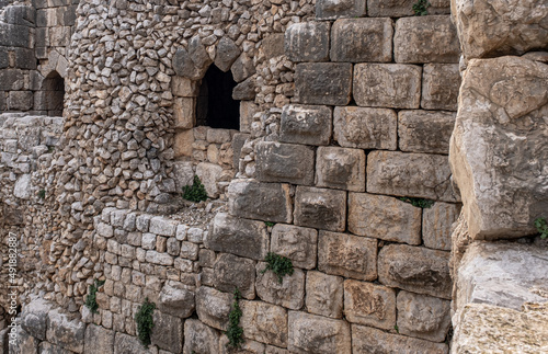 Detailed view of the Southwestern Tower wall of Nimrod fortress  castle   located in Northern Golan  at the southern slope of Mount Hermon  the biggest Crusader-era castle in Israel