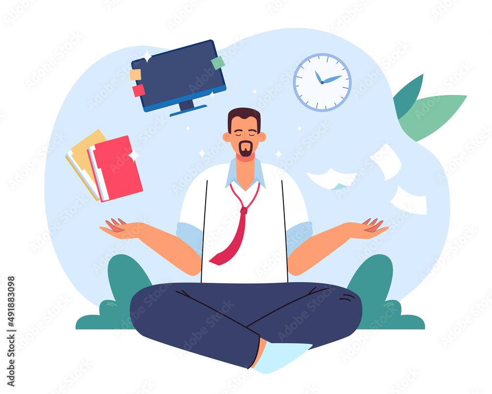 Entrepreneur sitting in lotus pose and meditating. Computer and book under businessman head flat vector illustration. Office worker relaxing after busy day. Concentration, zen, work concept Entrepreneur sitting in lotus pose and meditating. Computer and book under businessman head flat vector illustration. Office worker relaxing after busy day. Concentration, zen, work concept