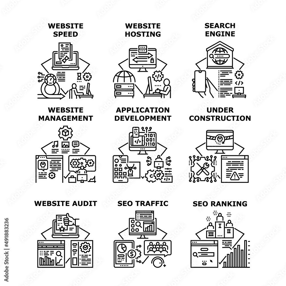 Website Hosting Set Icons Vector Illustrations. Website Hosting Speed And Management, Audit And Host, Seo Ranking And Traffic, Application Development And Under Construction Black Illustration