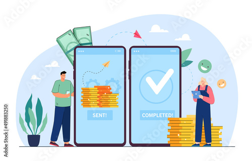 Mobile payment transfer flat vector illustration. Tiny man and woman sending and receiving money wireless, doing remittance with help of smartphone. Bank deposit, cashless, business concept