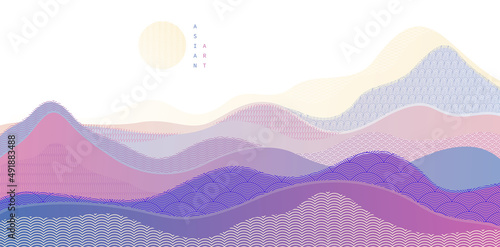 Oriental Japanese style vector abstract illustration, background in Asian traditional style, wavy shapes and mountains terrain, runny like sea lines.