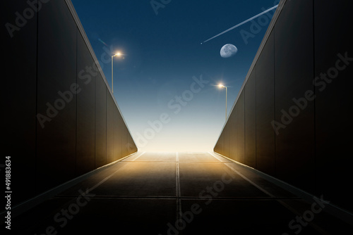 Night view of urban tunnel exit. Escape concept.