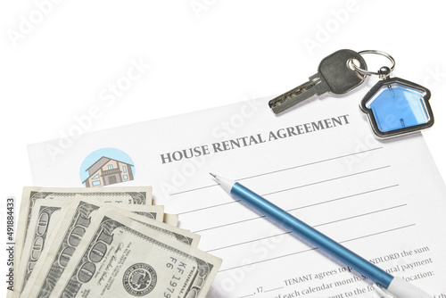 Wallpaper Mural House rental agreement, money, pen and key with house shaped keychain on white background, closeup Torontodigital.ca