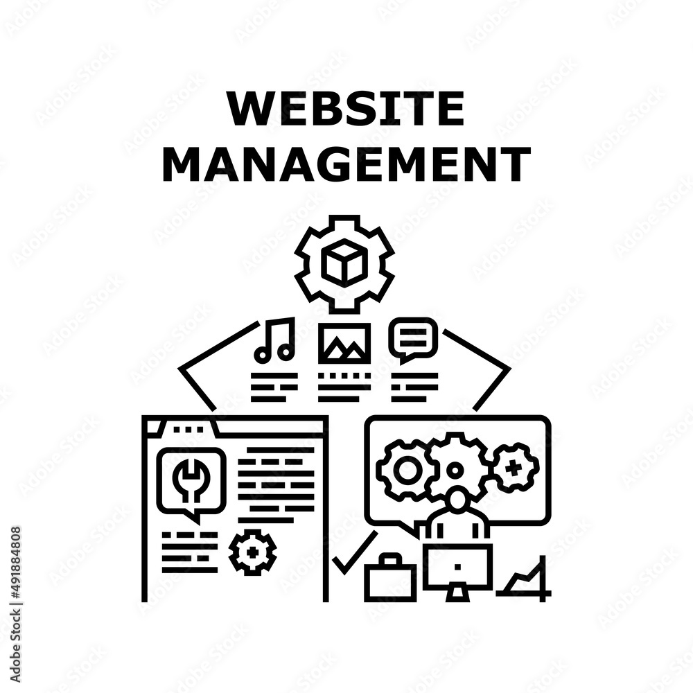 Website Management Vector Icon Concept. Programmer And Content Manager Website Management Occupation. Loading Video, Music And Photo File. Web Site Maintenance And Support Black Illustration