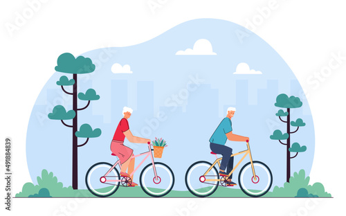 Senior people cycling in city park flat vector illustration. Happy old people or family spending time outdoor, doing physical activity together on summer day. Sport, recreation concept