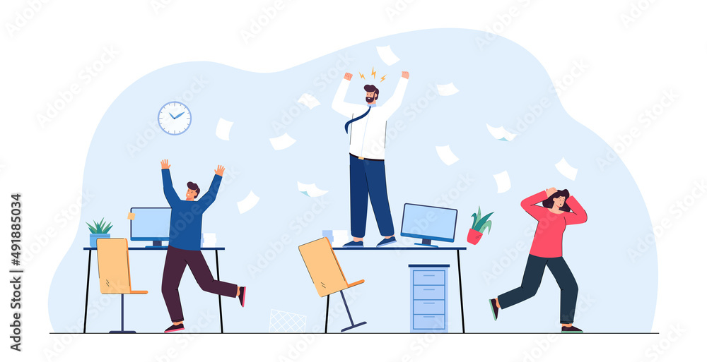 Angry boss screaming at employees flat vector illustration. Busy and frustrated company people running in panic around office, harry up with work and deadlines. Chaos, stress, career concept
