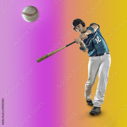 Baseball players in dynamic action in action on gradient multicolored neon background. Concept of sport competition.