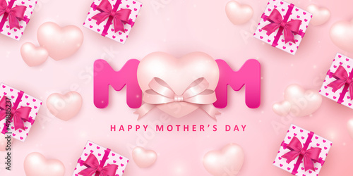 Happy mother's day girlish pink 3D love heart and present gift box with ribbon flower