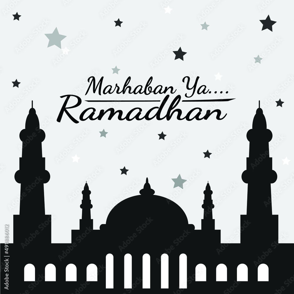 Marhaban ya Ramadhan simple greeting illustration vecctor. Mosque silhouette with stars background 