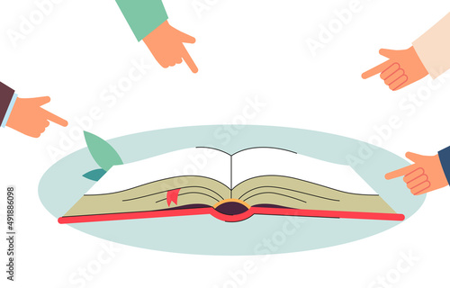Fingers of cartoon people pointing at open book. Readers choosing story or textbook flat vector illustration. Education, knowledge, literature concept for banner, website design or landing web page