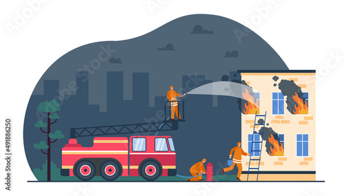 Firefighters extinguishing house fire flat vector illustration. Professional team of firemen working together, providing safety, extinguishing flame in building. Rescue team, emergency concept