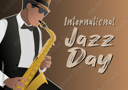Black jazzman plays the saxophone. Banner for International Jazz Day.