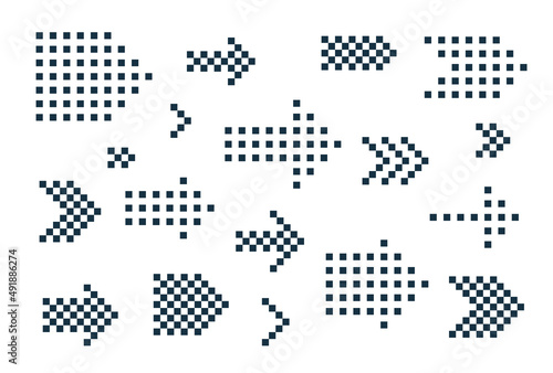 8 Bit pixel halftone arrows vector set of icons, collection of arrow direction cursors in old PC or gaming console style, single color symbols for logos.