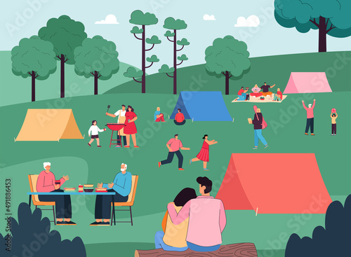 Tourists on summer camp festival flat vector illustration. Groups of people eating outdoor, grilling food, living in tents. Couples walking and spending time together. Journey, recreation concept
