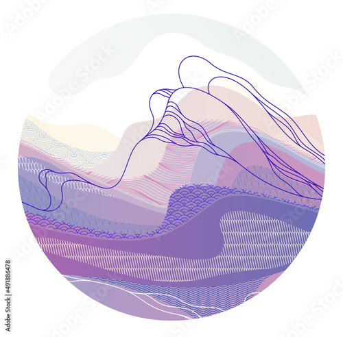 Nature art oriental Japanese style vector abstract background in a shape of circle, runny like water shapes and lines with textures.