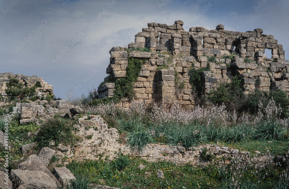 Side. Ruins of the greek temple. Apollo Temple. Pillars. Turkey Antalya. Mediterranean Sea. 