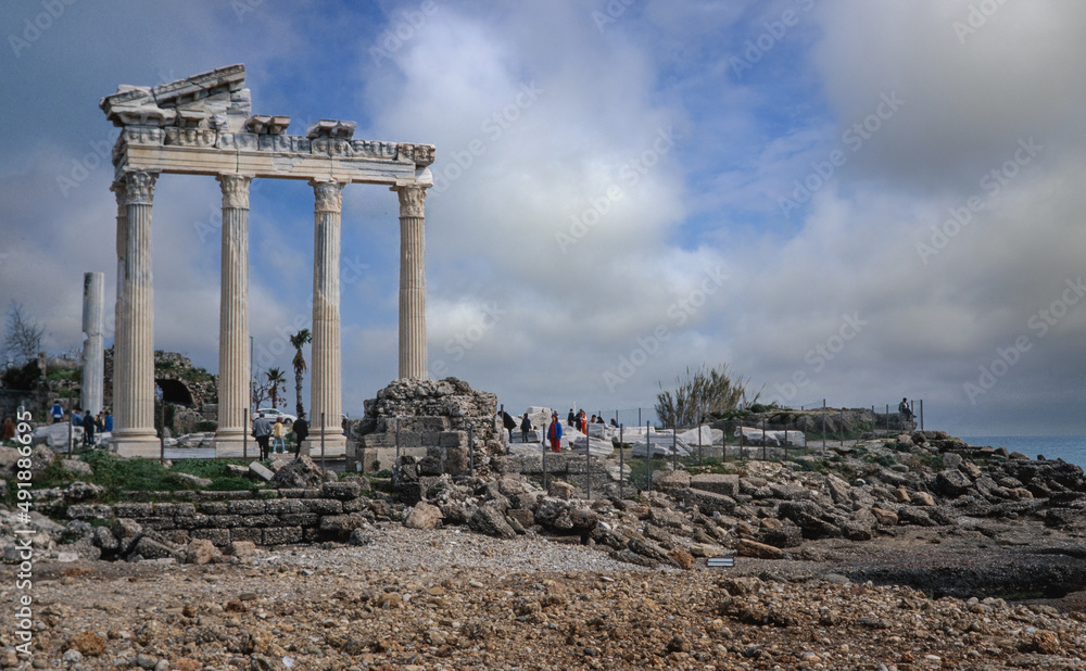 Side. Ruins of the greek temple. Apollo Temple. Pillars. Turkey Antalya. Mediterranean Sea. Pillars.