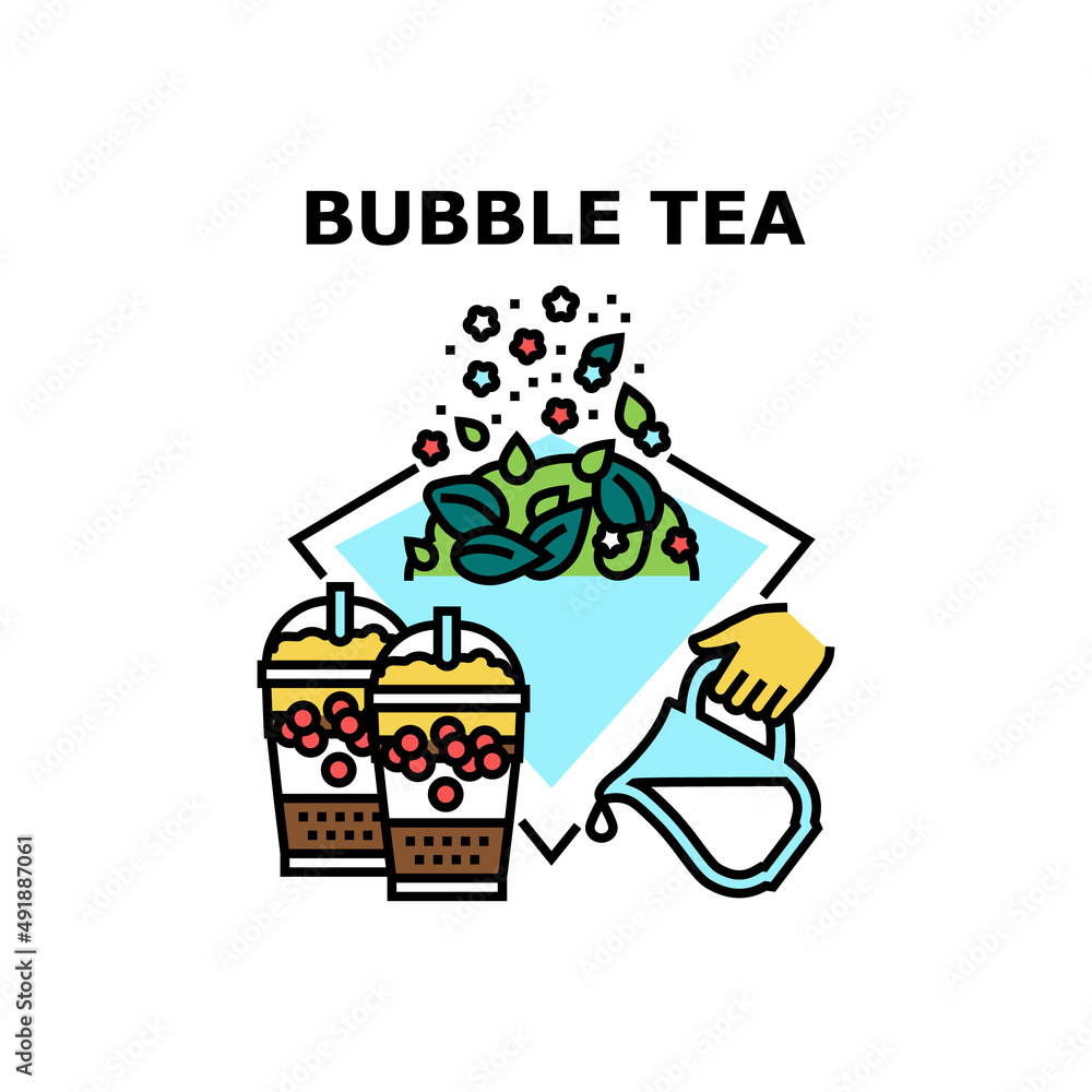 Obraz premium Bubble Tea Drink Vector Icon Concept. Delicious Bubble Tea Drink Prepared From Milk, Berries And Herbal Plant Natural Ingredients. Refreshment Tasty And Healthy Beverage Color Illustration