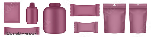 Set of realistic pouch mockups. Burgundy flow pack, sugar stick, sachet, zip bag, jar, bottle and doypack. Brown Ice cream wrapper. Sheet mask sachet. Soap or wet wipes packaging.